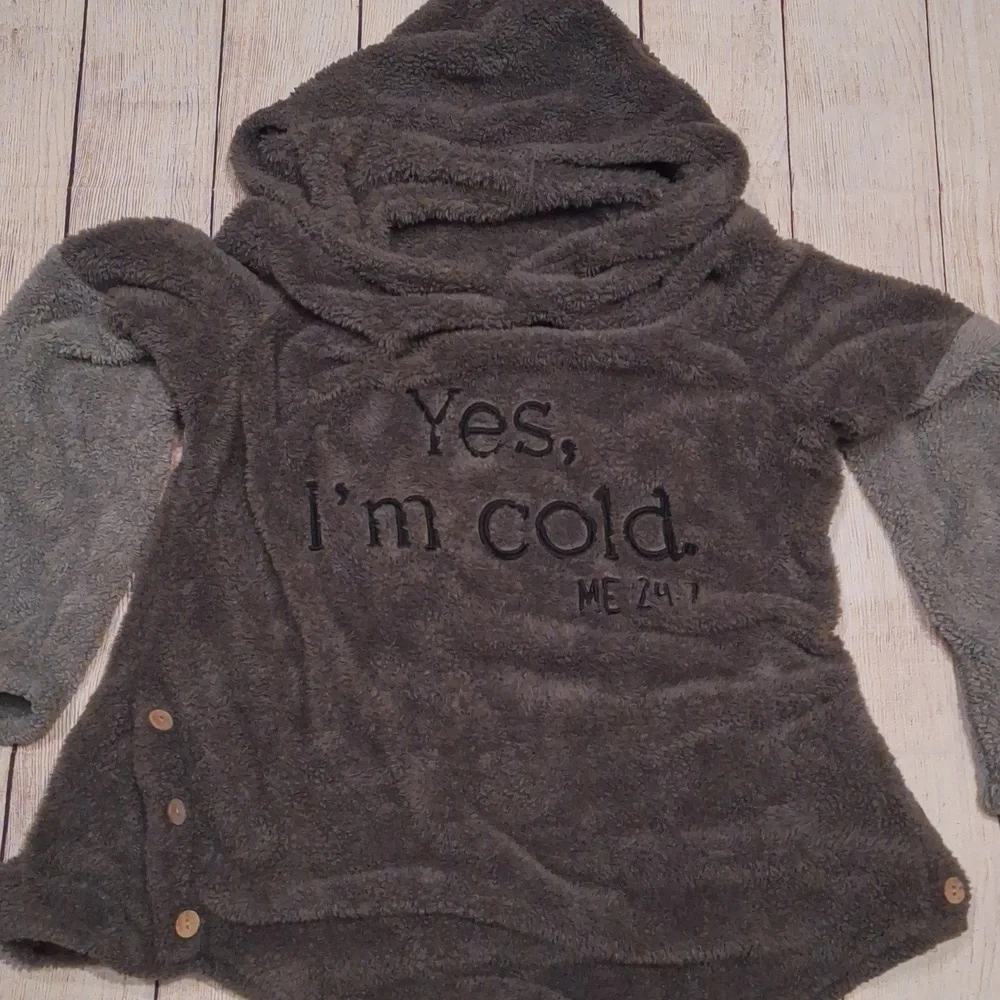 Yes, I'm cold ME 24:7 Grey Black Hoodie Sherpa Teddy Pullover Sweatshirt Large - Picture 3 of 9